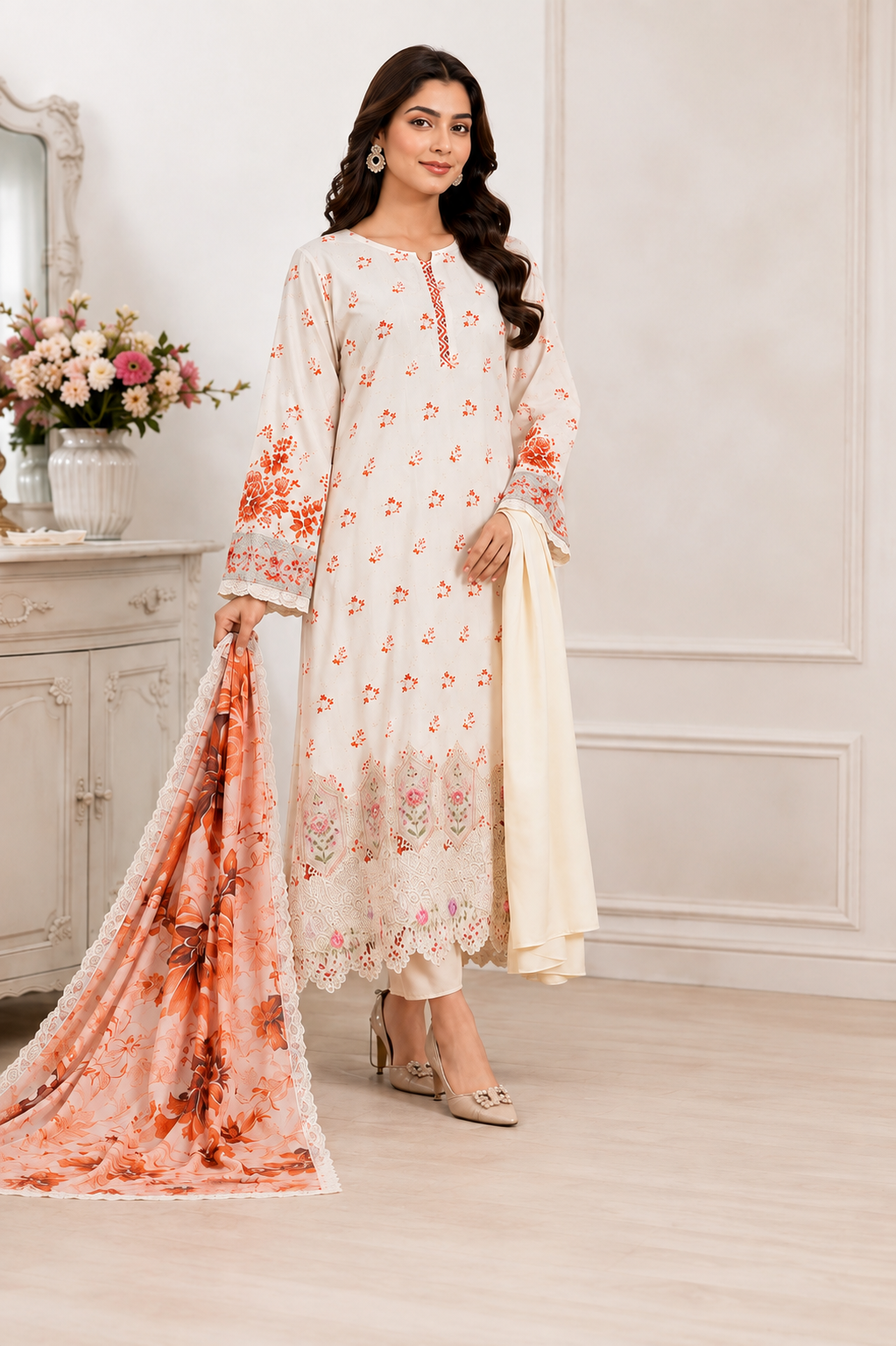 Digital Printed Embroidered Lawn 3 Piece Suit – Off White & Orange | Serial No. 12011