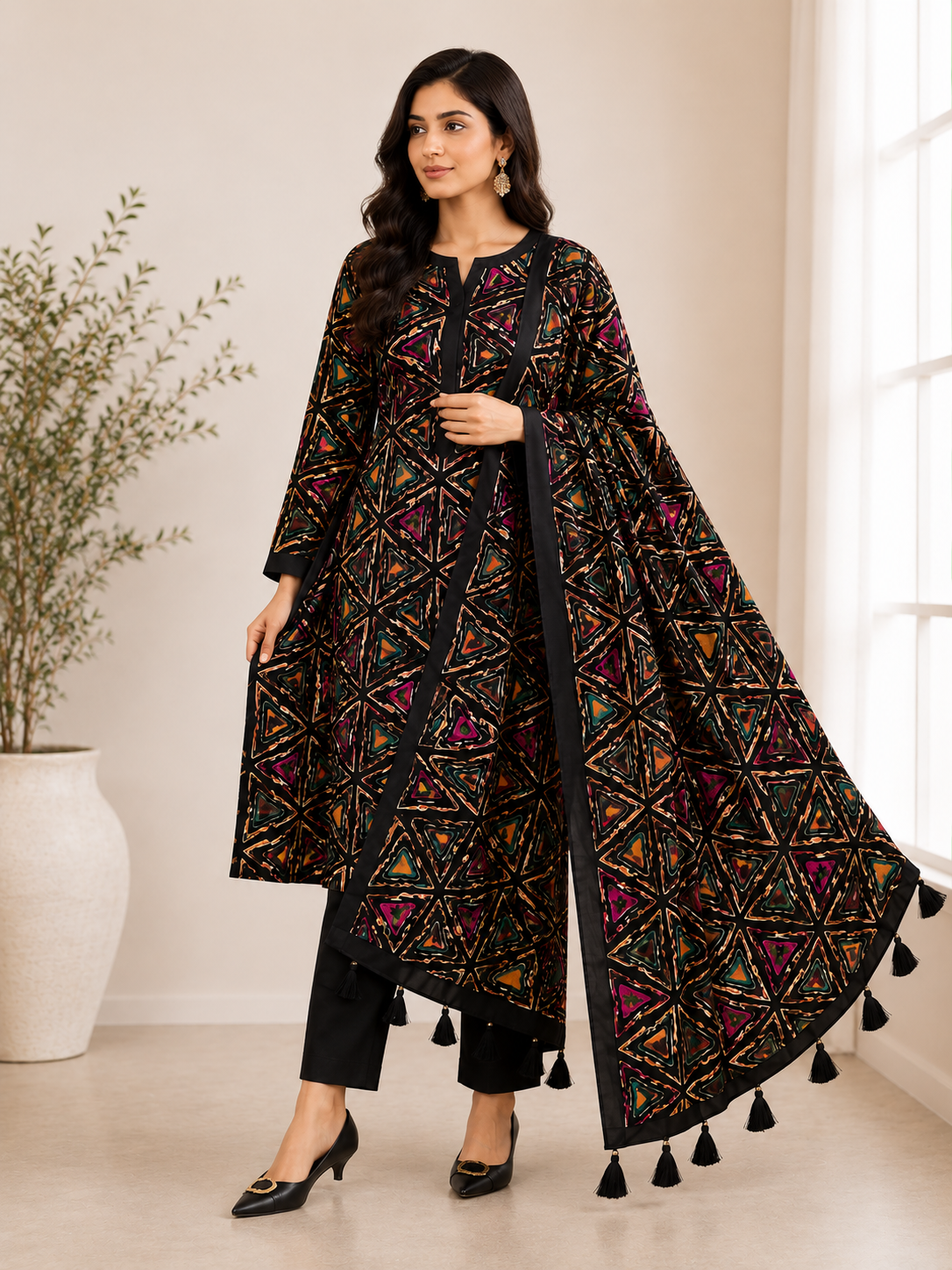 Trend Fashion Gallery Premium Batik Three Piece Collection – Black Multicolor Edition (Serial No. 1994)